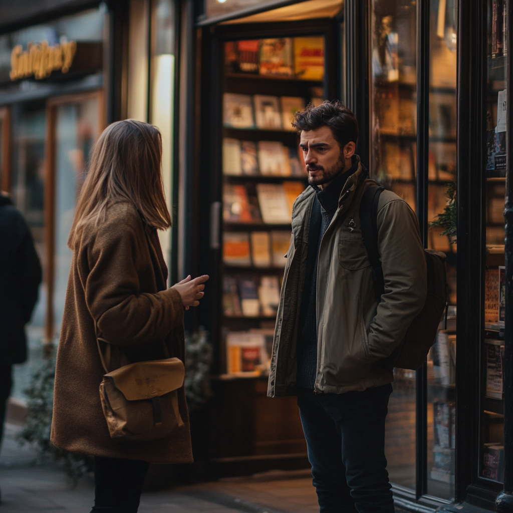 People talking outside a bookstore | Source: Midjourney