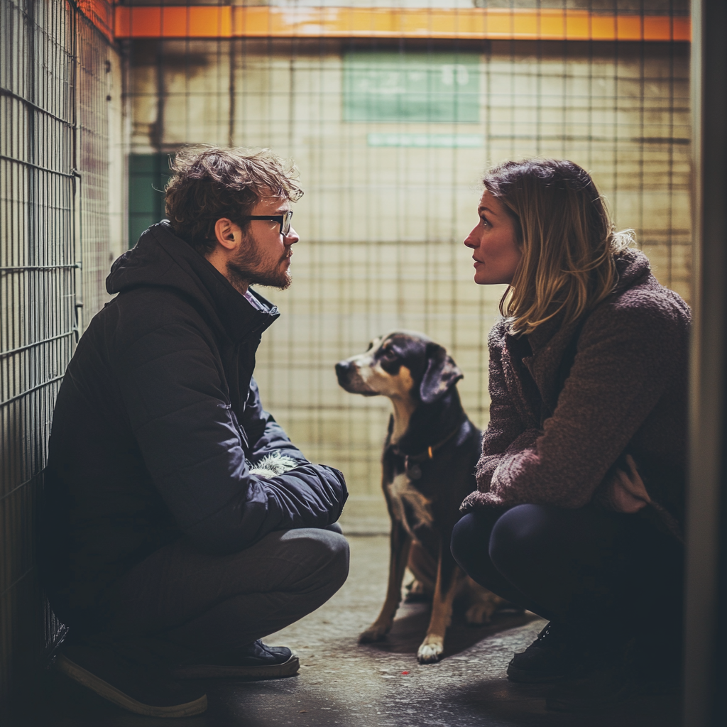 A couple having a minor disagreement at a dog shelter | Source: Midjourney