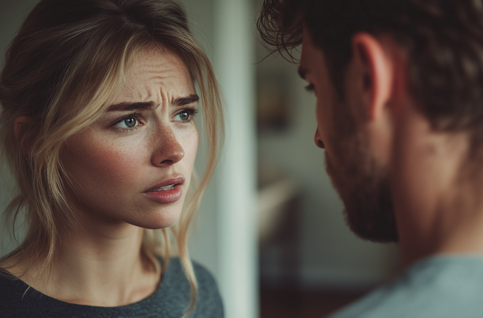 A worried woman looking at a man | Source: Midjourney