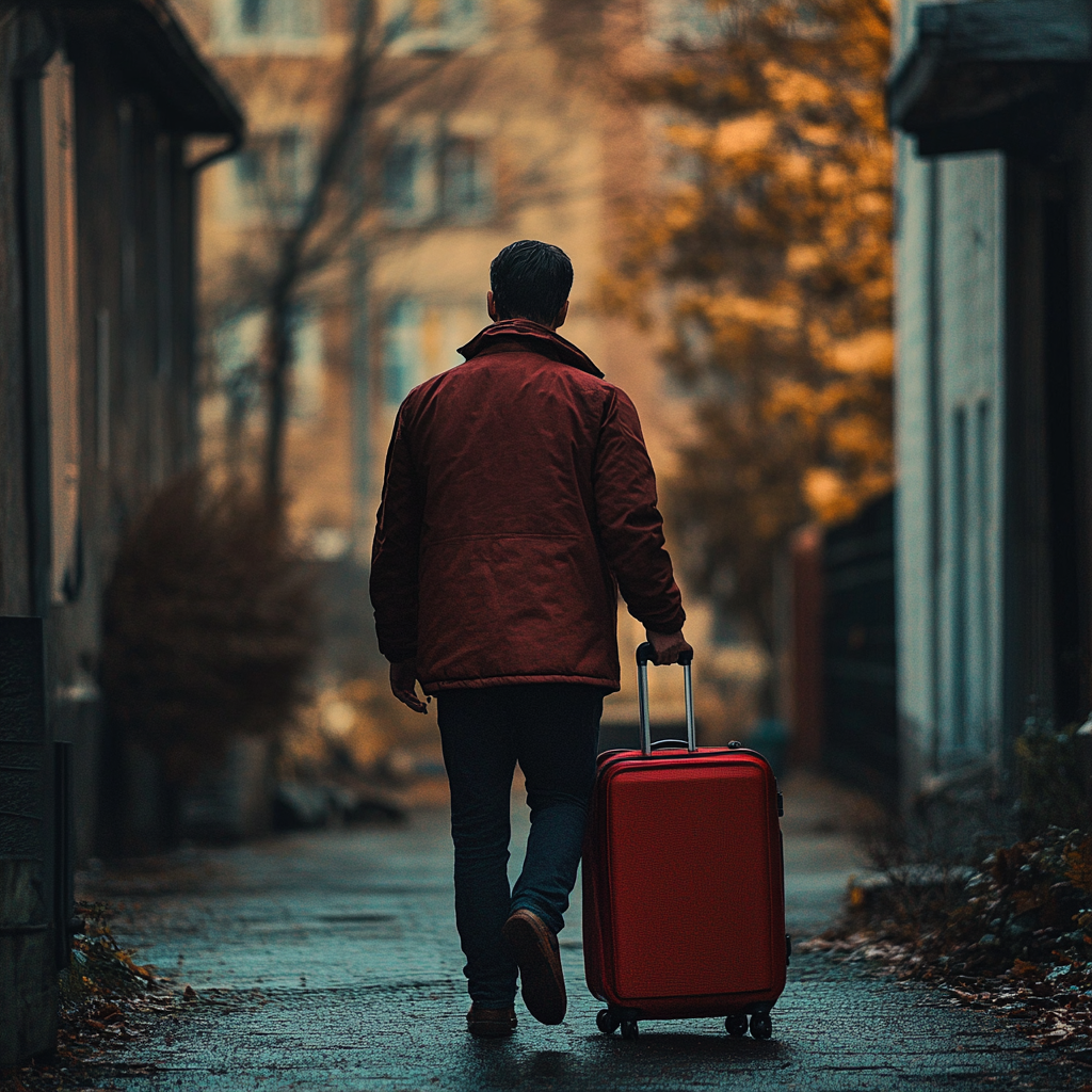 A man pushes his suitcase as he leaves his house | Source: Midjourney