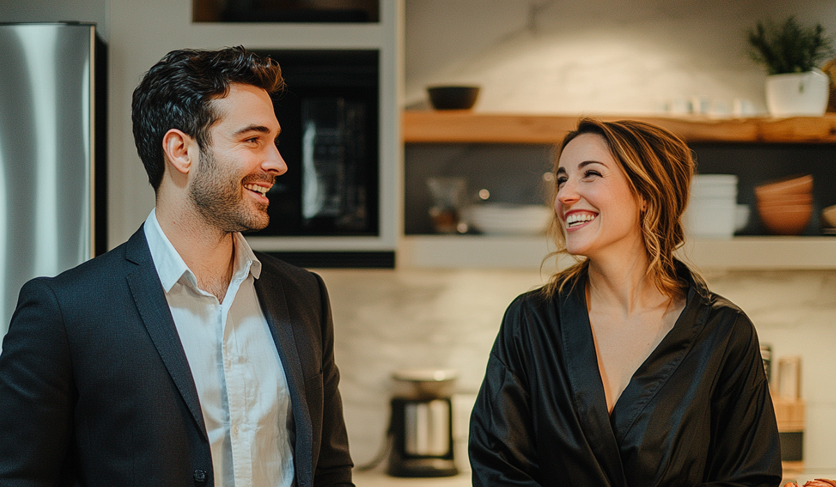 A couple grinning at each other in a kitchen | Source: Midjourney