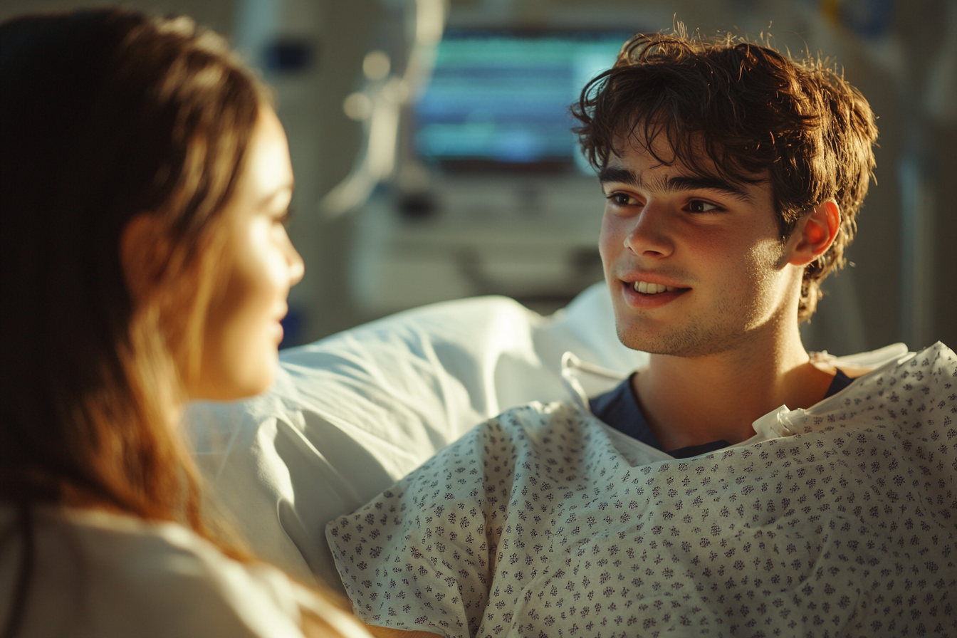 A male patient talking to his wife in a hospital room | Source: Midjourney