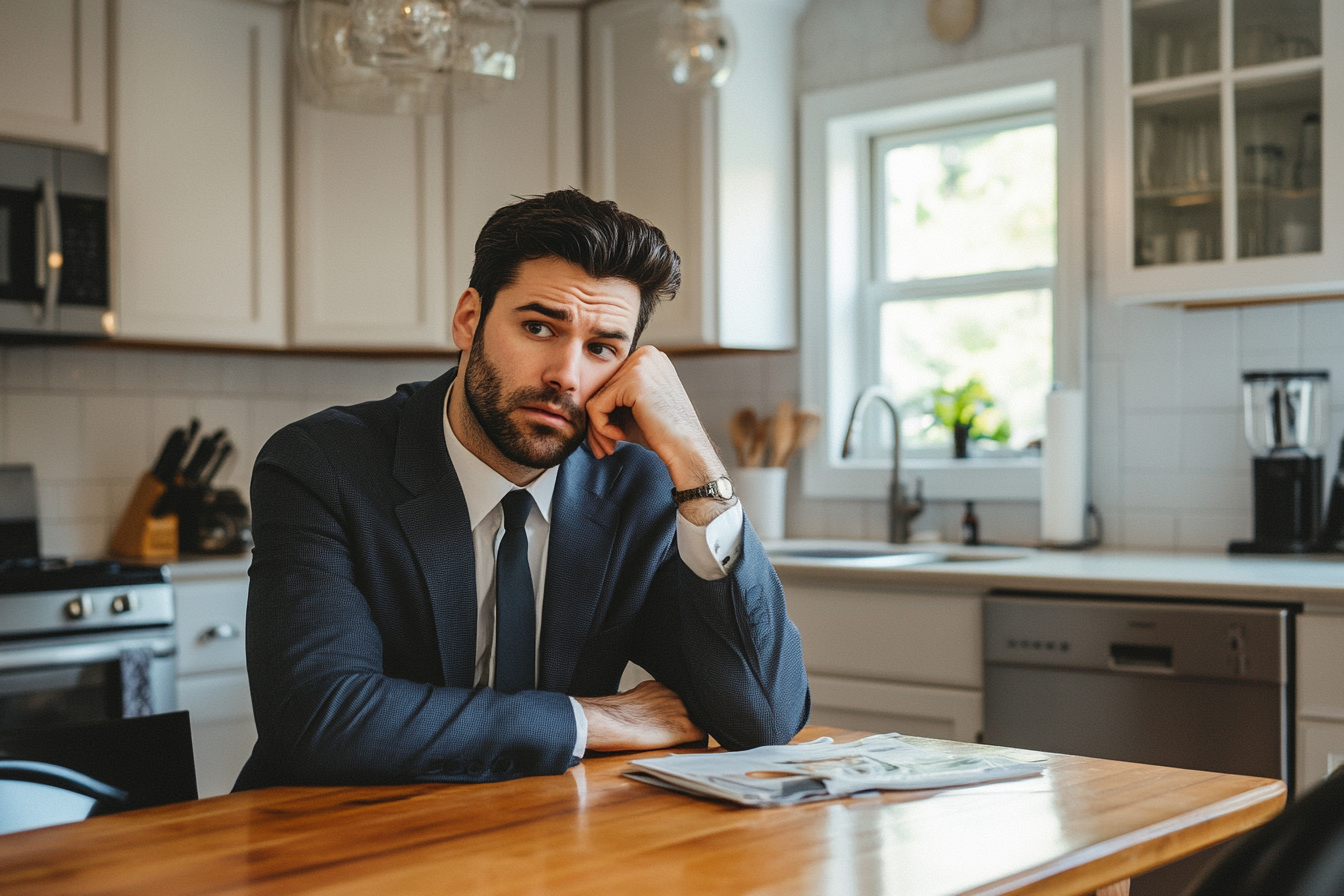 A confused man seated at a kitchen table | Source: Midjourney