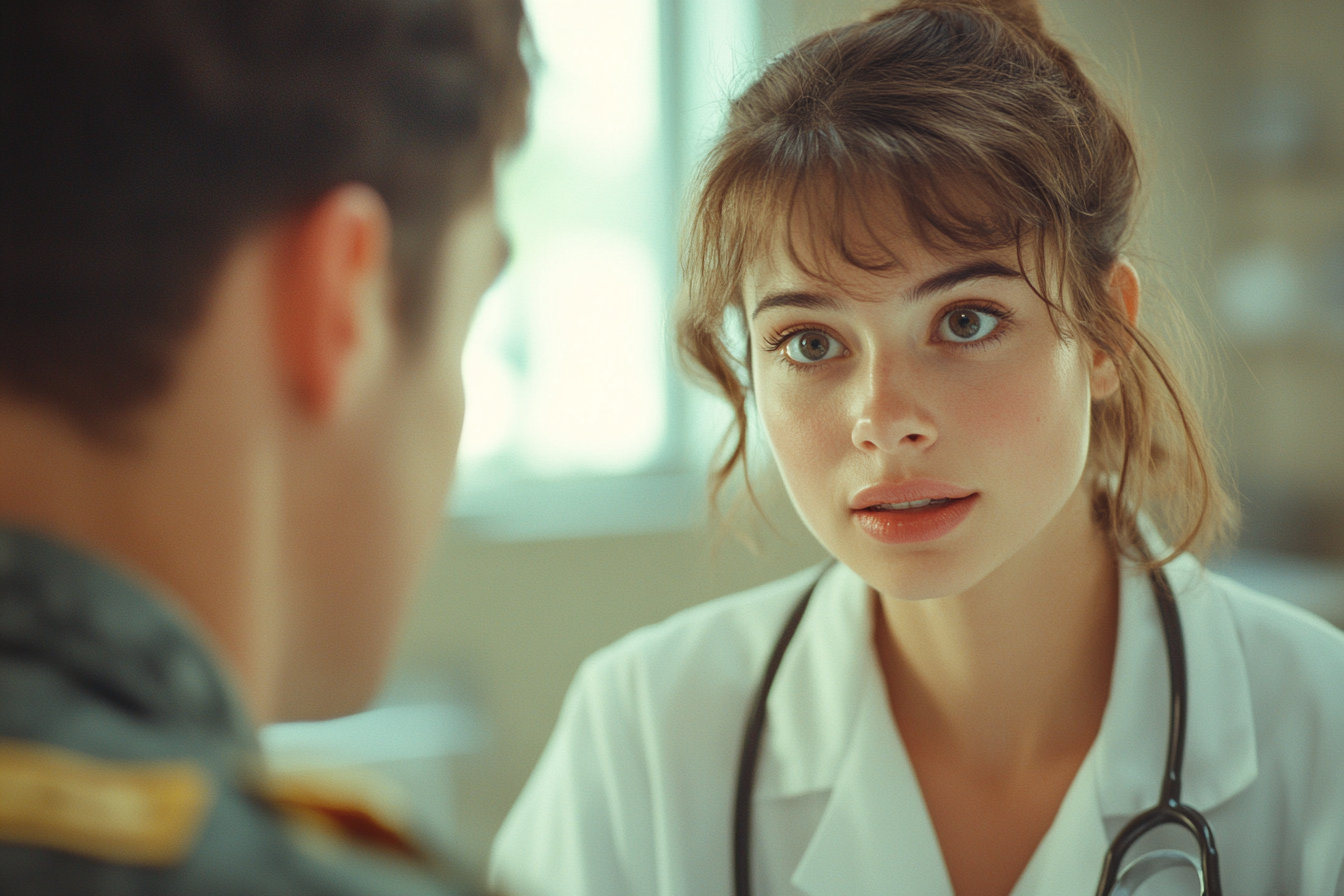 Female doctor talking to a military officer | Source: Midjourney