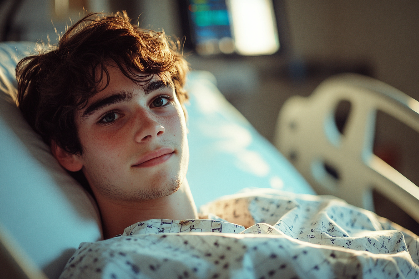 A male patient with a determined expression, lying in a hospital bed | Source: Midjourney