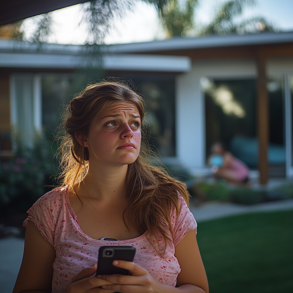 A stressed woman holding a phone | Source: Midjourney