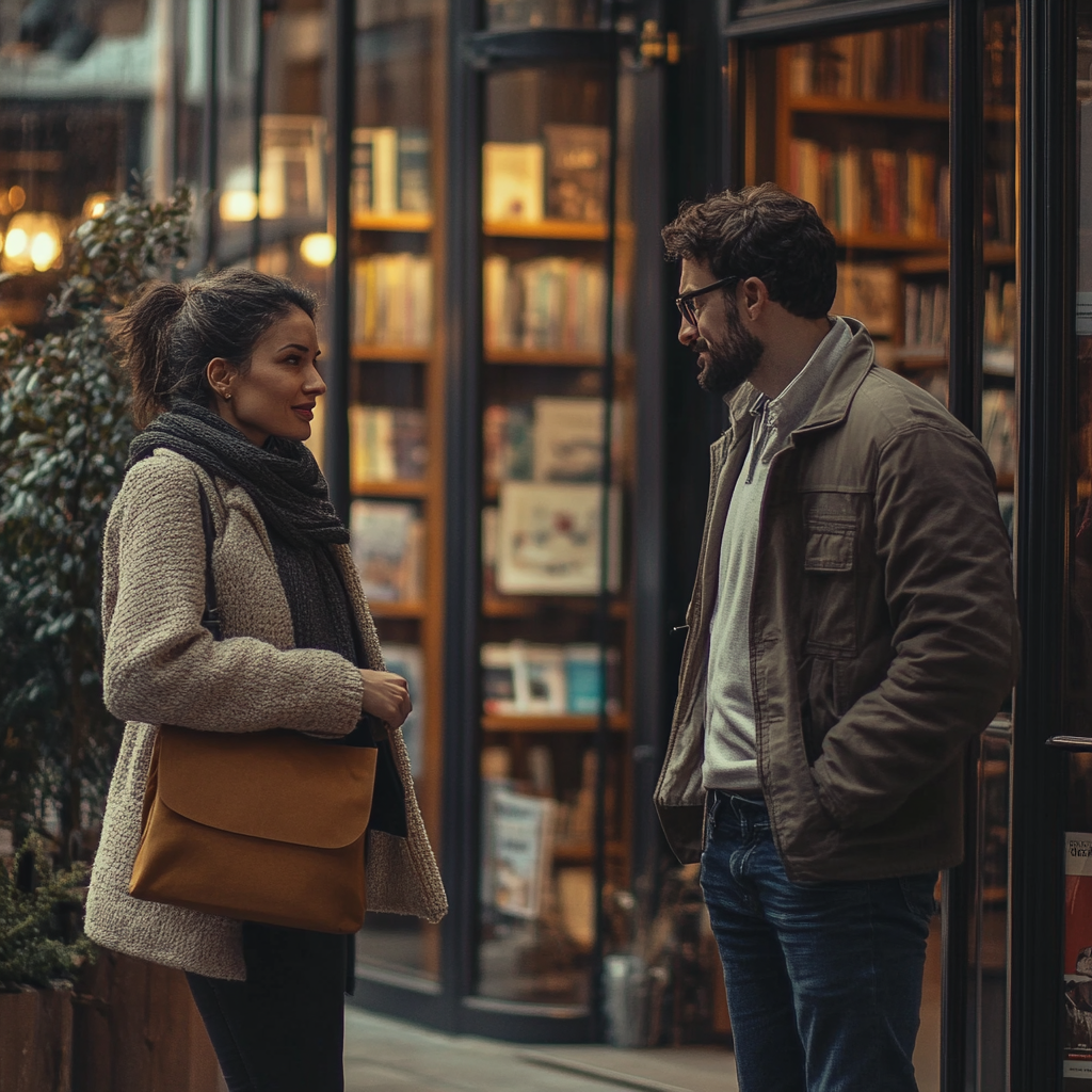 A woman talking to a man outside a bookstore | Source: Midjourney