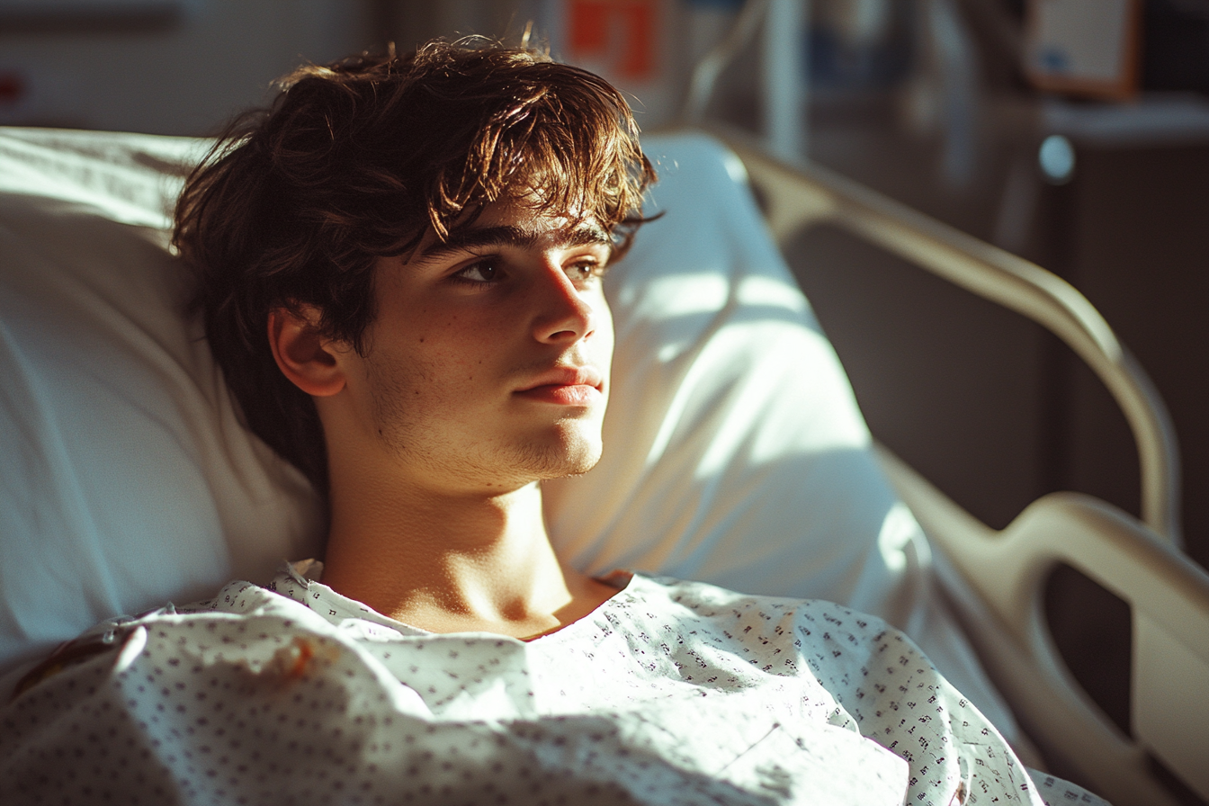 A male patient with a determined expression, sitting in a hospital bed | Source: Midjourney