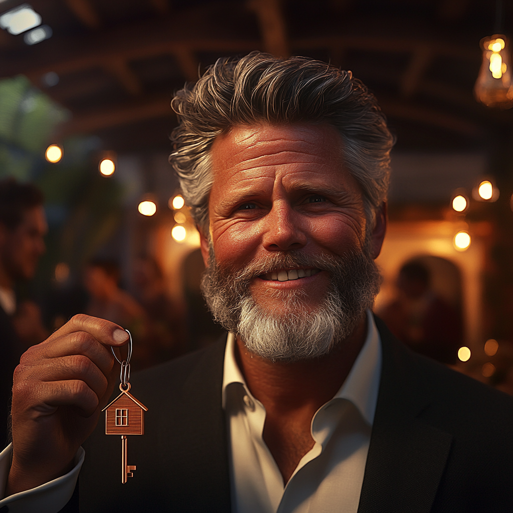 A smiling older man holding a key | Source: Midjourney